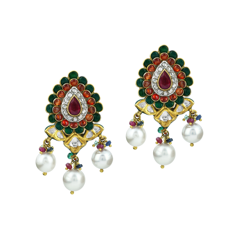Teardrop Earrings with Polki, Gemstone Talaf, and Pearl Drops